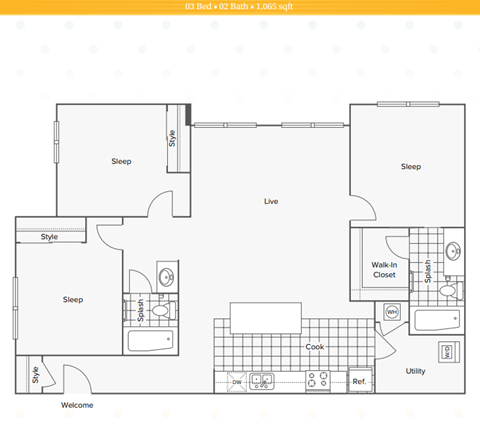 Floor plan for 3 beds, 2 baths, 355 sqft